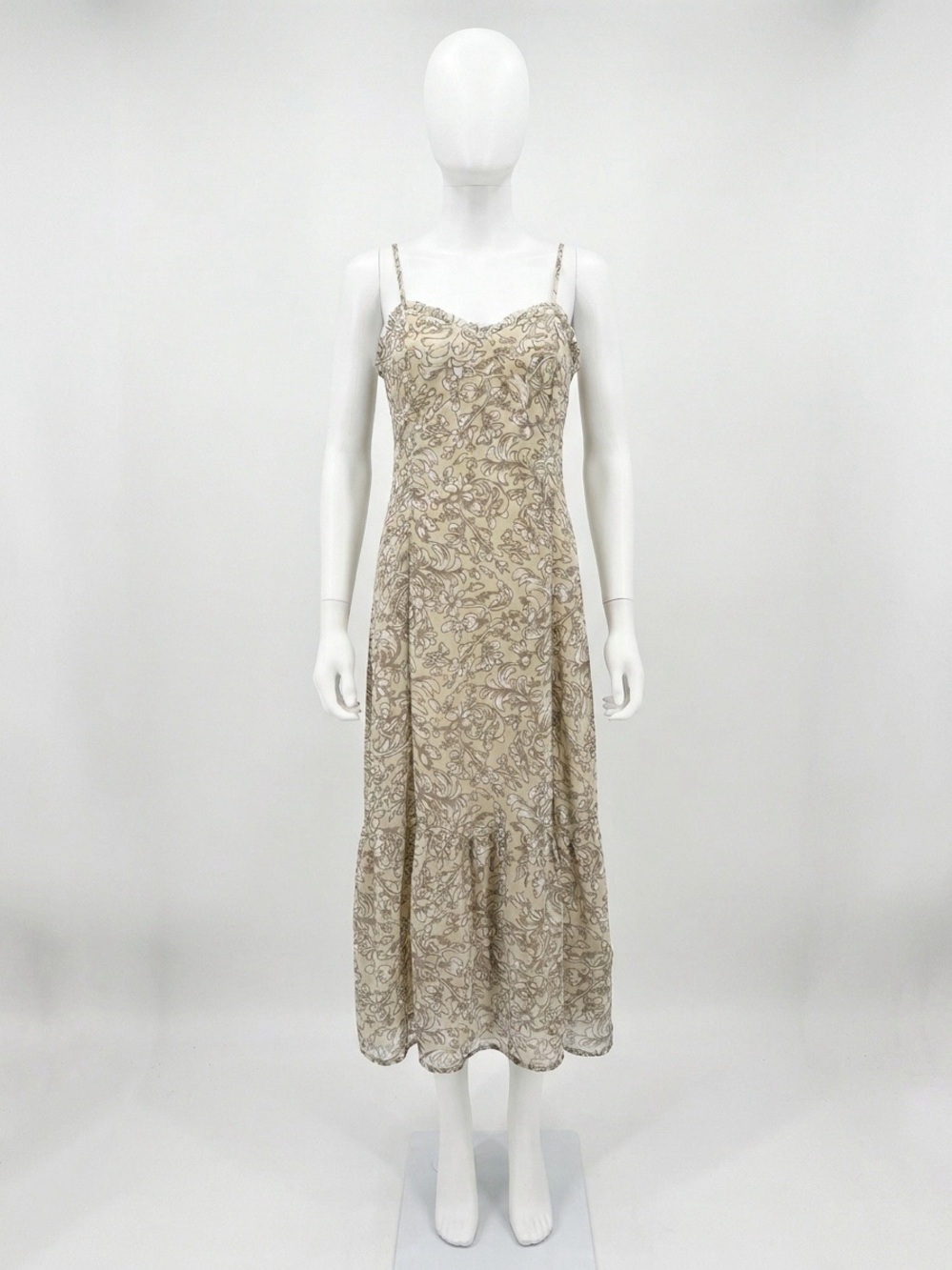 Floral Lace-Trim Beige Slip Dress with Spaghetti Straps